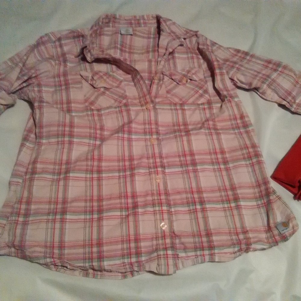 Carhartt Women's Button Down Top Plaid Roll Tab Sleeves